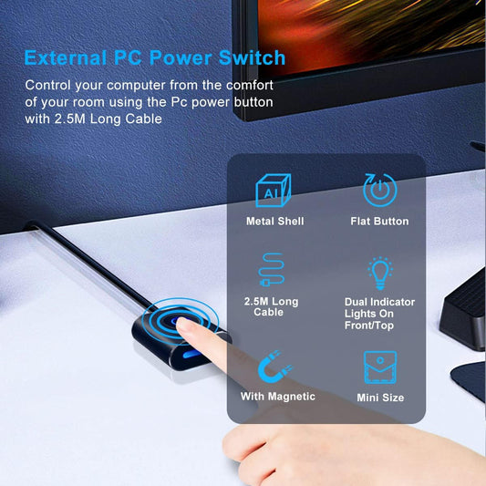 COOIDEA Desktop Computer Power Switch, External PC Power Button, Power Supply Control Adapter Cable 2.5M, ATX Desktop Computer Motherboard Power SW Cables with Magnet, Black - PuriLite