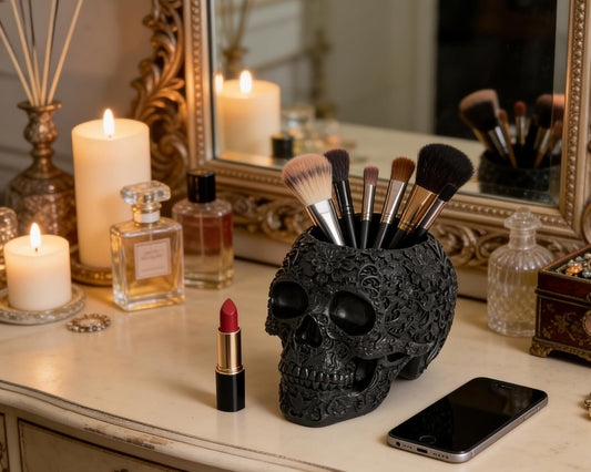 Black Skull Organizer | Makeup Brush Holder | Candy Bowl | Pen Holder | Gothic Skull Décor - PuriLite