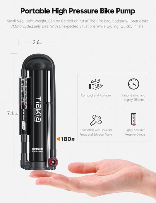 Tiakia Bike Floor Pump with Gauge High Pressure Portable Bike Pump High Volume Aluminum Tire Pump Small Bicycle Air Pump Fits Schrader Presta Valve Hand Pump for Bike Balls - PuriLite