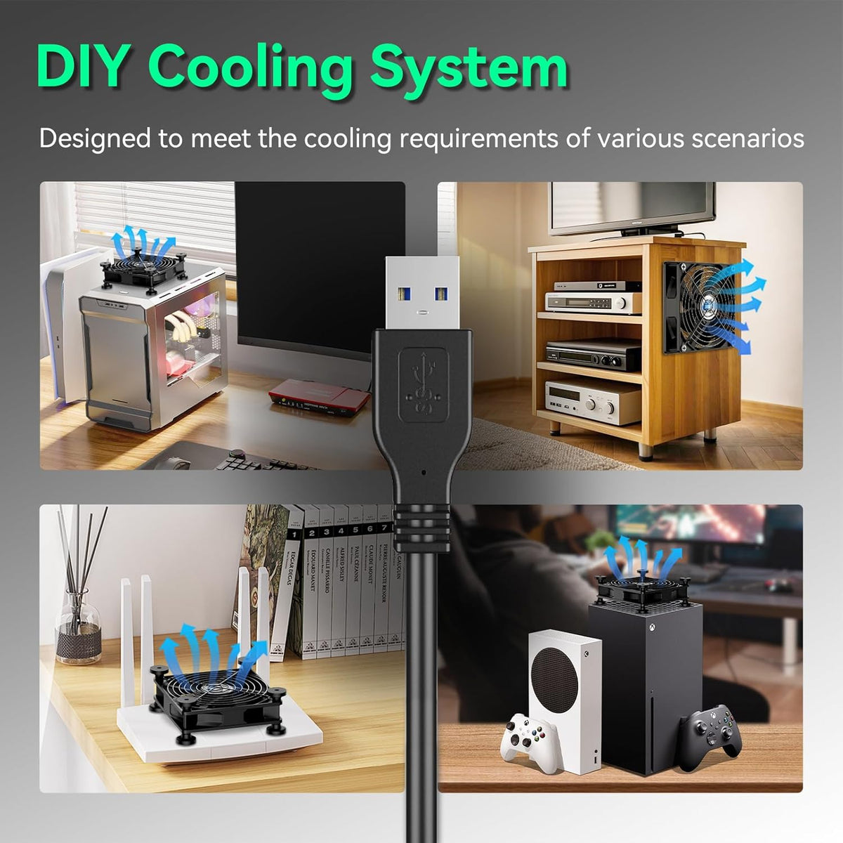 Easy Cloud 120mm USB Fan, USB Computer Fan with 3 Speeds Controller Small PC Cooling Fans for Cabinet Case Server TV Receiver Router DVR Xbox Cooler, 2Pcs - PuriLite
