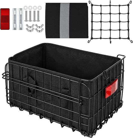 15 Inch Bike Basket Rear, Folding Metal Basket with Liner and Cover