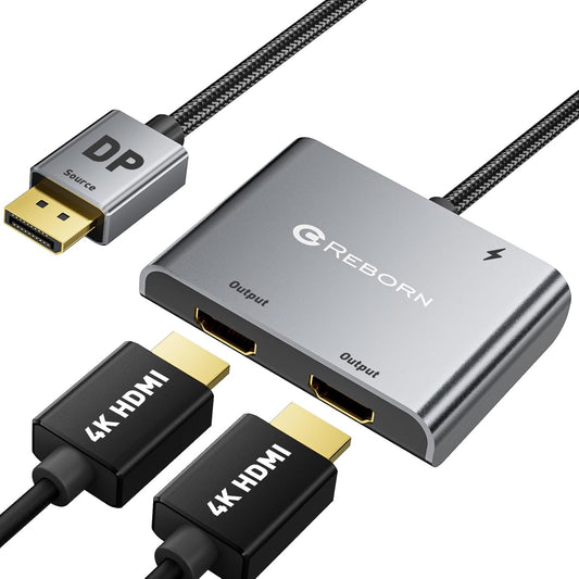 Reborn DisplayPort to Dual HDMI Adapter 4K@60Hz Display Port to 1 in 2 Out Splitter for Dual Monitor Extended Display, DP Source to 2 Adapter with PC, Graphics Card, HP and More - PuriLite