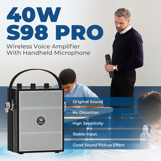 Wireless Voice Amplifier with Handheld Microphone, Portable Bluetooth Speaker Microphones with Teachers & Events, Wireless Karaoke Mic for Singing, PA System with Echo & Sound Effects S98 Pro - PuriLite