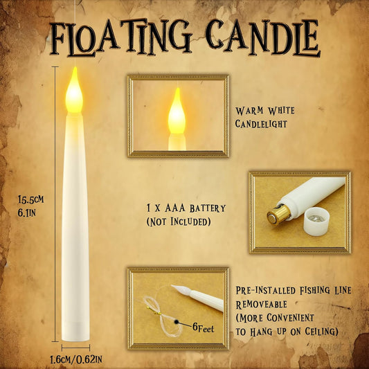 PChero Floating Candles with Wand Remote & Timer, 12pcs Magic Hanging Candles, Battery Operated Flameless Flickering LED Warm Light Taper Candles Set for Halloween Christmas Decoration - PuriLite
