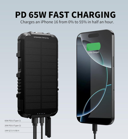 Dexnor Solar Charger Power Bank 27,000mAh, 65W PD3.0 & QC3.0 Fast Charging Powerbank External Battery Pack Portable Wireless Chargers with Flashlight and Carabiner, Compatible with MagSafe & Qi - PuriLite