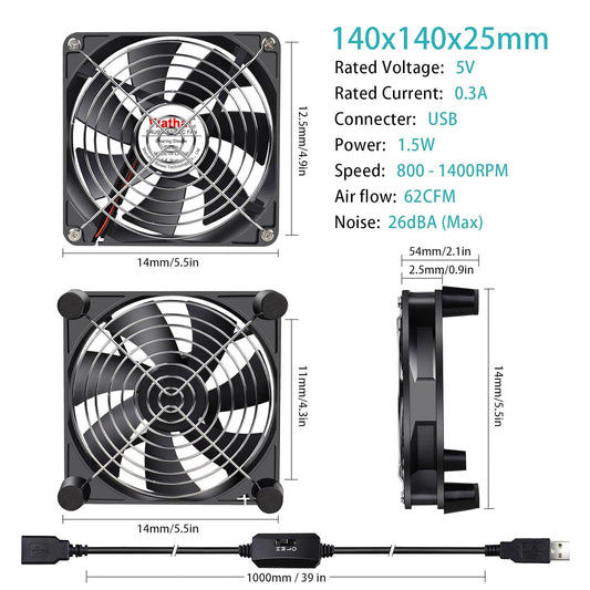 Wathai 140mm x 25mm USB Cooliing Fan 5V with Speed Control for Computer Case Receiver DVR Playstation Xbox PS4 Router Cabinet Cooling - PuriLite