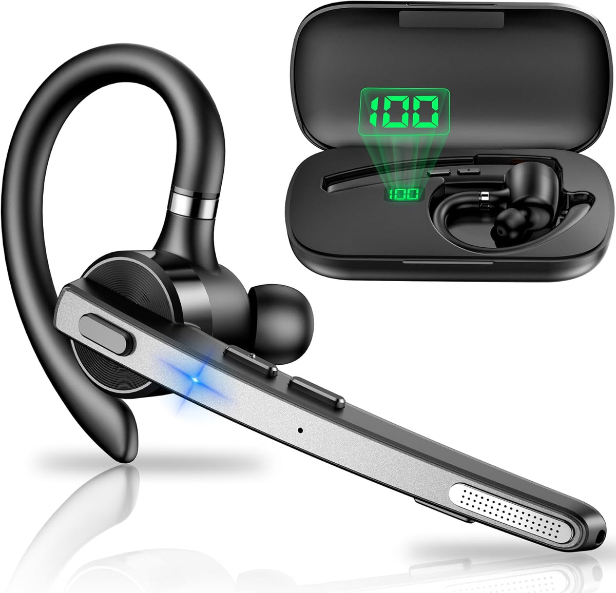 New bee Bluetooth Headset V5.1, 72H Talktime Wireless Bluetooth Earpiece for Cellphone with 500mah Charging Case Dual Mic Noise Cancelling Hands-Free Earphones for Office Driver Calls - PuriLite