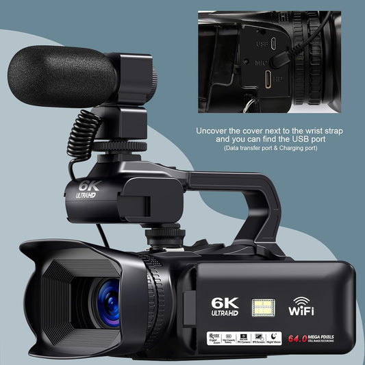 6K Camcorder Video Camera HD 64MP IR Night Vision Vlogging Camera for YouTube 18X Digital Zoom 4.0 Inch Touch Screen Video Camera with WiFi, Microphone, Stabilizer, Remote Control, 64GB SD Card - PuriLite