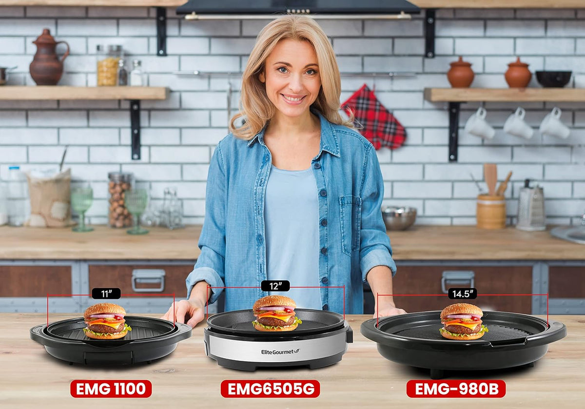 Elite Gourmet EMG6505G Smokeless Indoor Electric BBQ Grill with Glass Lid, Dishwasher Safe, PFOA-Free Nonstick, AdjCatable Temperature, Fast Heat Up, Low-Fat Meals Easy to Clean Design - PuriLite