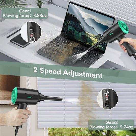 Electric Air Duster for Computer Cleaning, High Power Compressed Air Blower with 2 Speed Settings, Reusable Keyboard and PC Cleaner (Green) - PuriLite