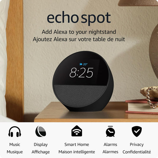 Amazon Echo Spot (newest model), Great for nightstands, offices and kitchens, Smart alarm clock with Alexa, Black - PuriLite