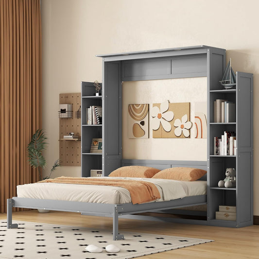 Merax Queen Size Murphy Bed with 2 Five-Layer Cabinet, Wall Bed with Shelves and Lights, Foldable Platform Bed Folded into Cabinet for Guest Room, Home and Office (Gray)