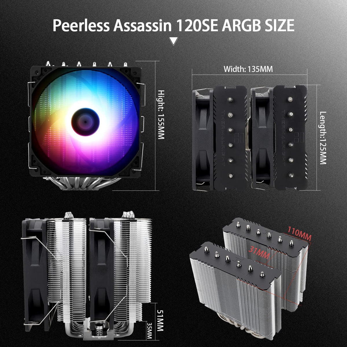 Thermalright Peerless Assassin 120 SE Black CPU Cooler, 6 Heat Pipes AGHP Technology, Dual 120mm PWM Fans, 1550RPM Speed, for AM4/AM5 and Intel LGA 1700/1851/115X/1200,Computer CPU Cooling - PuriLite