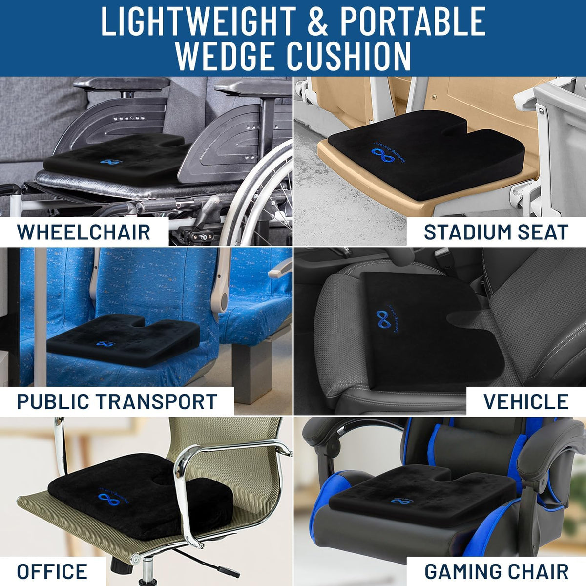 Everlasting Comfort Memory Foam Seat Cushion - Office Chair Cushion for Work, Travel, Car Support Pillow for Driving - Portable Seat for Chairs and Desks - Coussin Chaise - Black - PuriLite