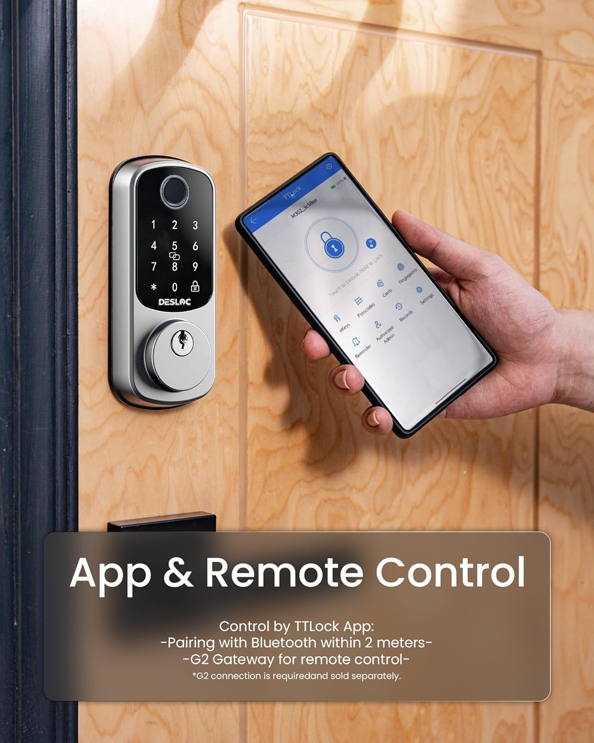 DESLOC B200 Fingerprint Smart Door Lock, Keyless Entry Door Lock, App Control, Easy Installation, Front Door Smart Deadbolt Lock, Touchscreen Keypad, Emergency Power Port, 12 Months Battery, IP54 - PuriLite