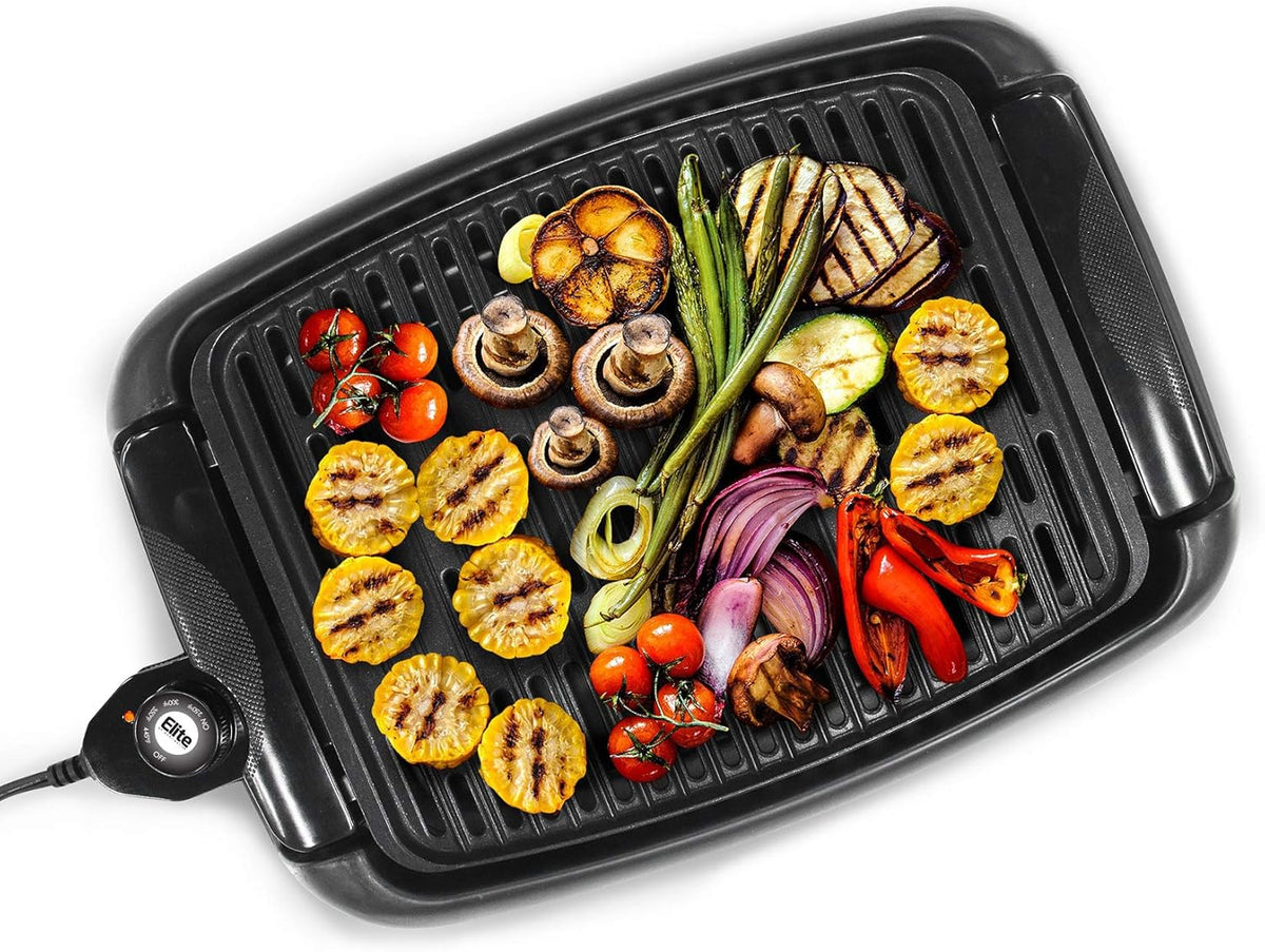 Elite Gourmet EMG6505G Smokeless Indoor Electric BBQ Grill with Glass Lid, Dishwasher Safe, PFOA-Free Nonstick, AdjCatable Temperature, Fast Heat Up, Low-Fat Meals Easy to Clean Design - PuriLite