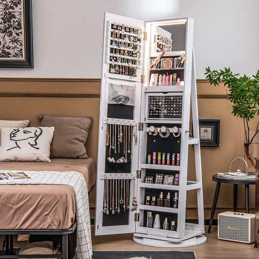 CHARMAID 360° Swivel Jewelry Armoire with Full Length Mirror, Rear Storage Shelves, Lockable Standing Jewelry Cabinet Organizer with Interior Vanity Mirror and 3-Color Lights (White)
