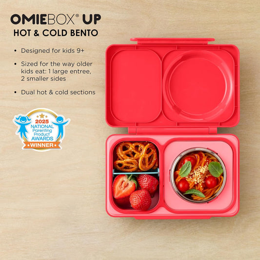 OmieBox UP bento box for kids | Insulated lunch box | Insulated food jar | Cooler ice pack | 2 Compartments (Cherry Pink) - PuriLite
