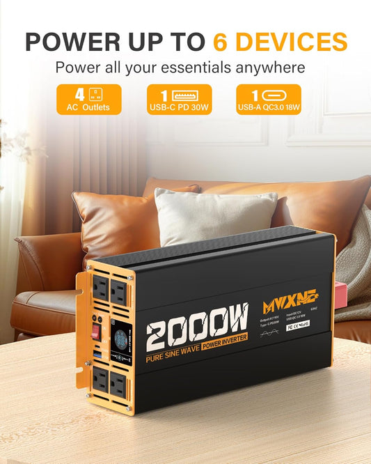MWXNE 2000W Pure Sine Wave Inverter 12V DC to 110V 120V AC Car Converter for RV Truck Off-Grid Solar Power Inverter with 4 AC Outlets, USB/Type-C Fast Charging Ports, LCD Display, Remote Control - PuriLite