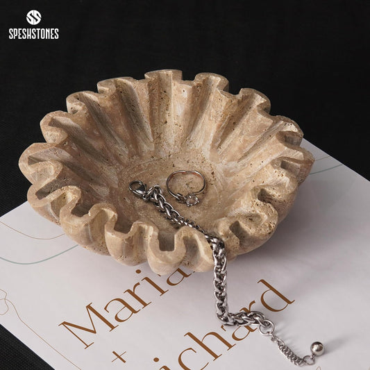 Handmade Travertine Decorative Bowl | Ruffle Stone Bowl | Scalloped Key Bowl | Entryway Accent Bowl | Table Centerpiece Bowl - PuriLite