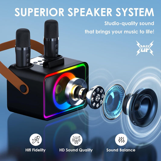 Portable Bluetooth Karaoke Player with 2 Wireless Microphones Karaoke Machine for Adults & Kids Toys with LED, Home Karaoke Stystem Packages Supports USB/TF/AUX,Gift for Party (Black) - PuriLite