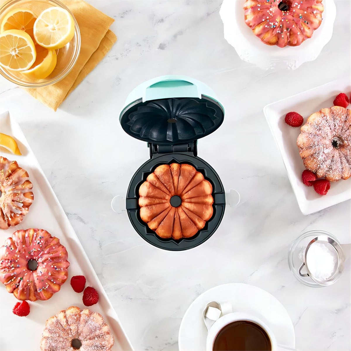 Cake Maker Lava Cake Maker Mini Donut Maker Waffle Maker Pancakes Maker Machine for Breakfast, Snacks, Desserts Non-stick Surface, Cake Machine, Double-sided Heating, Azure - PuriLite