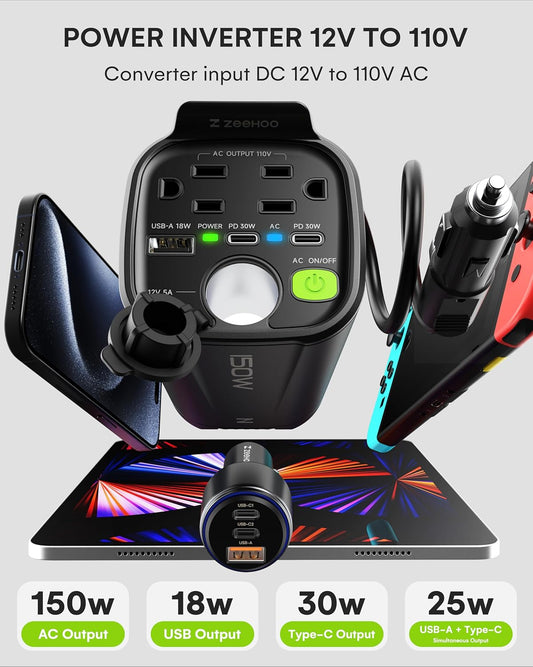 150W Car Power Inverter, 12V DC to 110V AC Car Plug Adapter Outlet Converter, with 2 AC Outlets, A 18W USB A and Dual 30W PD Car Charger, for Laptop Computer - Black - PuriLite