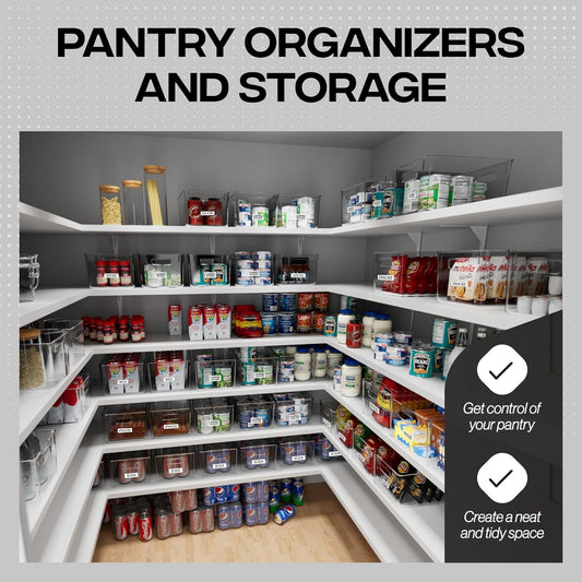 Clear Plastic Storage Bins for Pantry and Cabinet Organization – Stackable Storage Containers with Handles for Kitchen, Closet, Office and Freezer - PuriLite