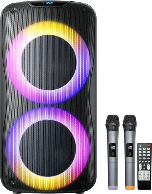 800W Rechargeable Karaoke Machine with Dual 8" Woofers, LED Lights, Bluetooth/USB/AUX, 2 Wireless Microphones & Remote Control (Batteries Not Included), Charging Cable Included - PuriLite