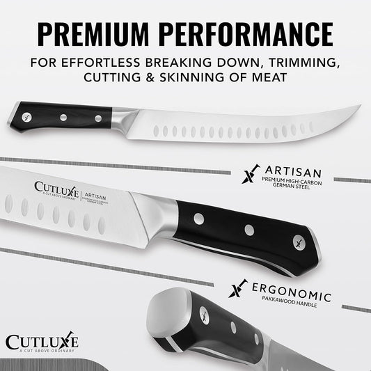 Cutluxe Butcher Knife – 10″ Cimeter Breaking Knife, Razor Sharp Forged High Carbon German Steel, Full Tang Carving Knife, Ergonomic Handle Design – Artisan Series - PuriLite