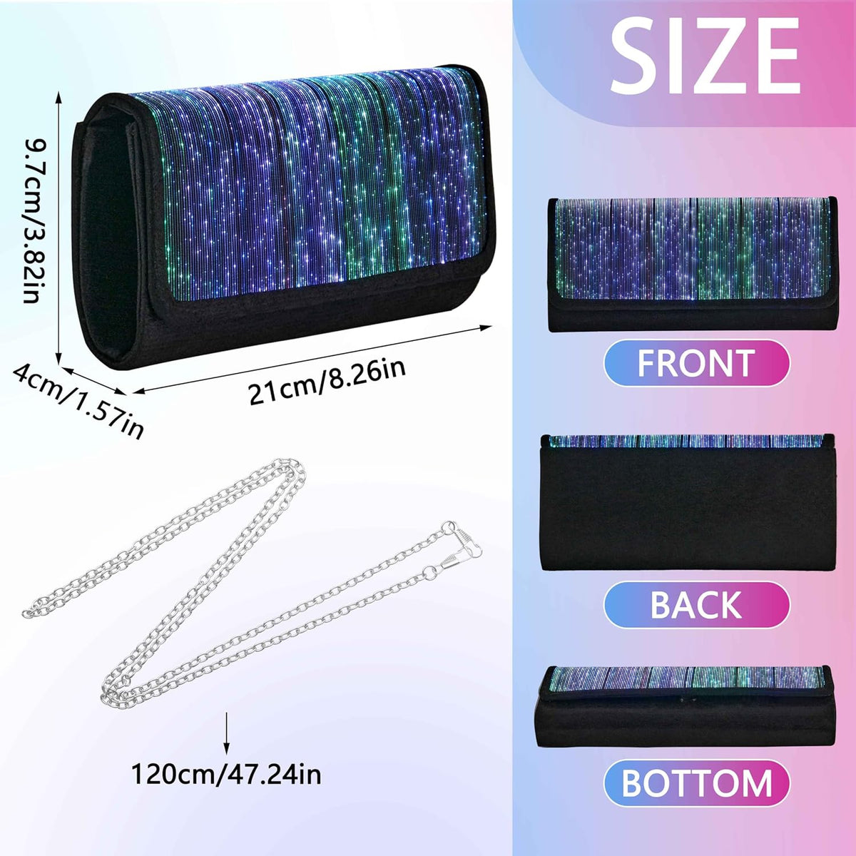 Larcenciel Clutch Purse for Women, LED Light Up Purse - 11 Neon Glow Modes, Holographic Evening Bag with Chain Strap, Rechargeable Party Handbag for Prom Disco Club Bar Night Events Weddings (Black) - PuriLite