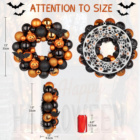 Halloween Wreath for Front Door, 13 inch Small Halloween Ball Wreath with Pumpkins Bats Shatterproof Front Door Wreaths Orange/Black Ball Ornament for Wall Mantel Porch Indoor Outdoor Decor - PuriLite