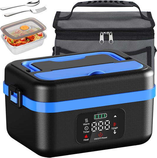 Cordless Electric Lunch Box, Battery Powered Heated Lunch Box, 1 Liter Food Insulated Lunchbox with Fork and Spoon Insulated Carrying Pouch for Truck Drivers Blue Collar (Deep Blacl) - PuriLite
