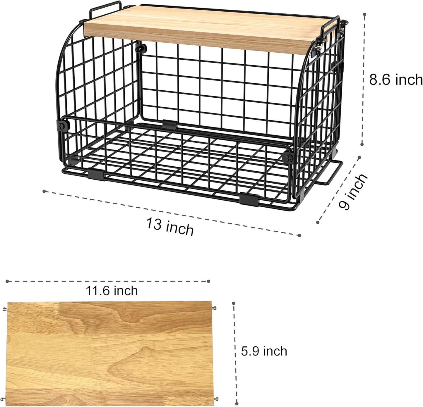Joben Oligey 2-Set Stackable Wire Basket with Openable Bamboo Top – Kitchen, Pantry & Cabinet Organizer for Fruits, Vegetables, Snacks, Bread, and Household Storage, Black - PuriLite