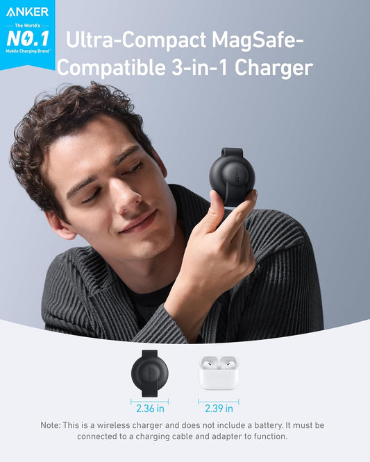 Anker MagSafe Compatible MagGo UFO 3-in-1 Charger, iPhone 17 Wireless Charging Station, 15W Qi2 Certified, Foldable Travel Charging Pad, for iPhone 17/16/15/14, AirPods, Apple Watch (Not a Power Bank) - PuriLite