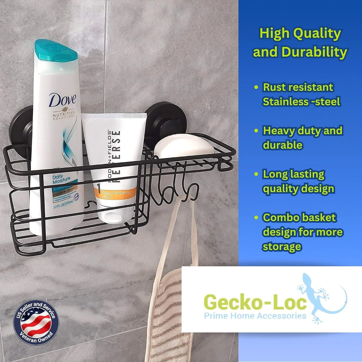 Gecko-Loc Suction Cup Shower Caddy Bath Organizer - Bathroom Storage Basket (Black, Combo)