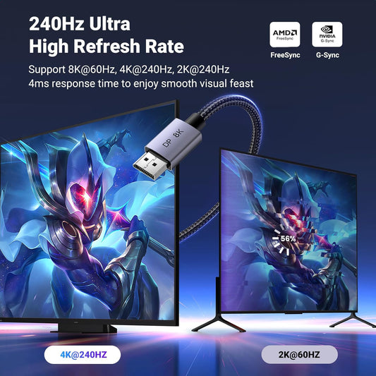 UGREEN VESA 8K DisplayPort 1.4 Cable, 8K@60Hz, 4K@144Hz, 1080P@240Hz, Support 32.4Gbps HDR, FreeSync, G-Sync, Display Port Cord Alu Braided Compatible Monitors, PC, Graphics, HDTV 6.6FT - PuriLite