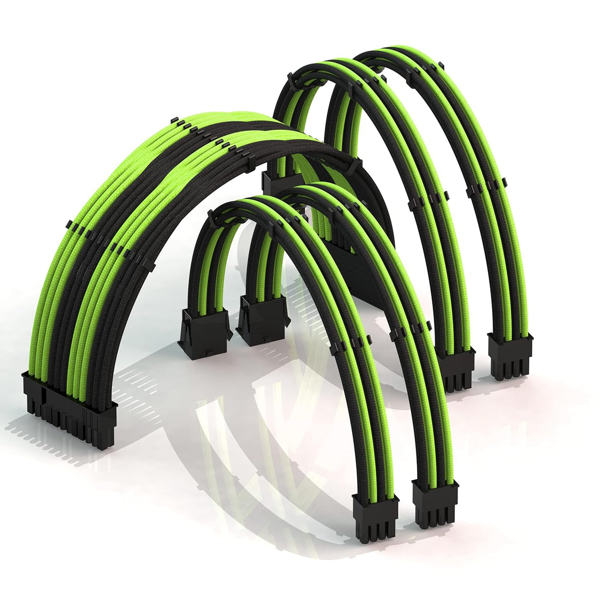 LINKUP - 30cm Super Soft and Flexible PSU Cable Extension Sleeved Custom Mod GPU PC Braided w/Comb Kit | 1 x 24 P (20+4) | 2 x 8 P (4+4) CPU | 2 x 8 P (6+2) GPU Set | 300mm - Blackgreen - PuriLite
