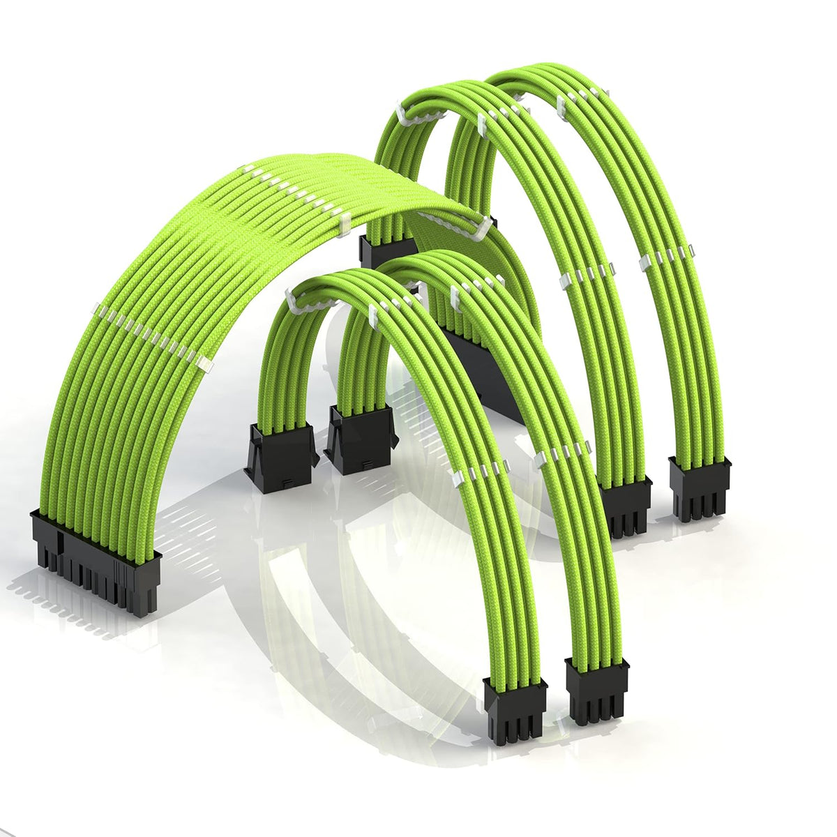 LINKUP - 30cm Super Soft and Flexible PSU Cable Extension Sleeved Custom Mod GPU PC Braided w/Comb Kit | 1 x 24 P (20+4) | 2 x 8 P (4+4) CPU | 2 x 8 P (6+2) GPU Set | 300mm - Blackgreen - PuriLite