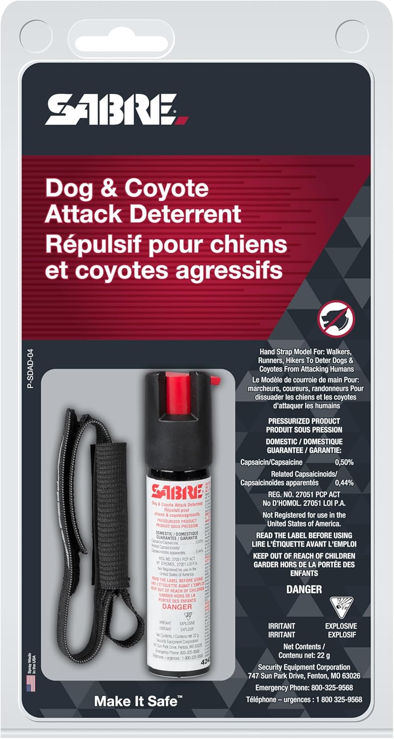 SABRE Protector 22-Gram Dog Spray with Adjustable Running Hand Strap, 14 Second Total Spray Time, 3.5-Meter Range, Humane Dog Attack Deterrent, Maximum Strength Allowed by Health Canada - PuriLite