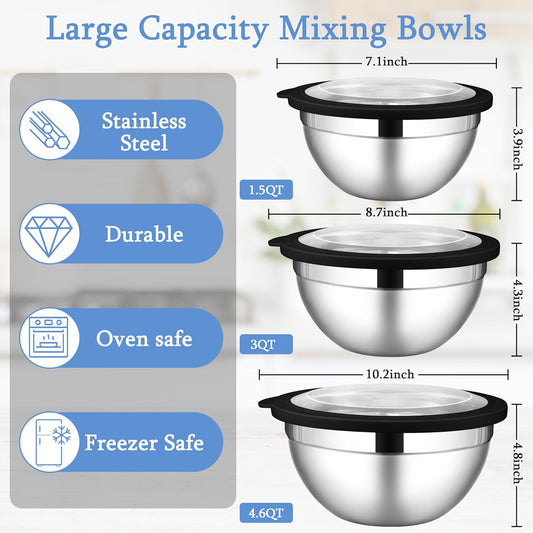 LIANYU Mixing Bowls Sets of 3, Stainless Steel Metal Nesting Mixing Bowl Sets for Kitchen, Large and Small Size 4.6 & 2.6 & 1.5QT, Include Transparent & Airtight Lids, Dishwasher & Freezer Safe, Black - PuriLite