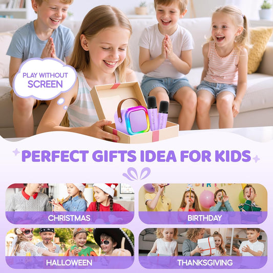 Kids Mini Karaoke Machine with Dual Wireless Microphones, Portable Bluetooth Singing Speaker Toy for Ages 3–12, Party Music and Singing Fun Gift - PuriLite