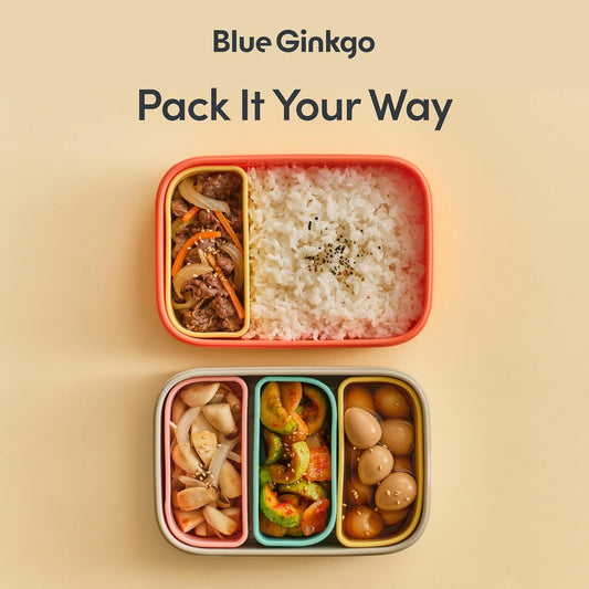 Blue Ginkgo Kids Silicone Lunch Box Set – Durable Heavy-Duty Silicone Bento Box, Microwave, Freezer, Dishwasher Safe – Airtight, BPA Free (Made in Korea, Coral) - PuriLite