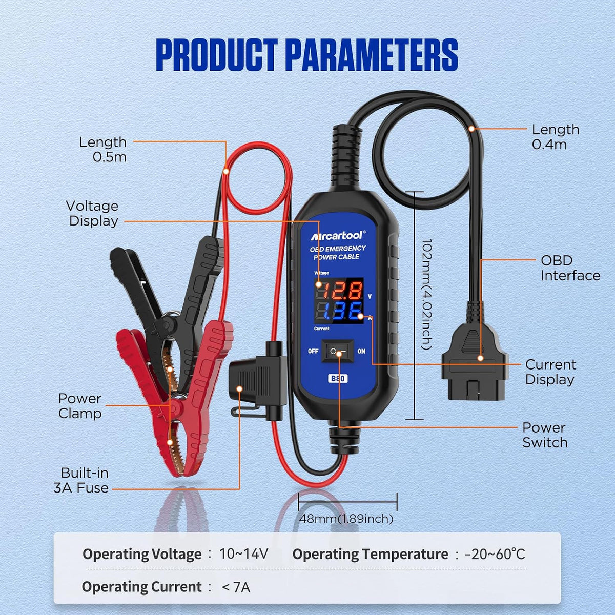 MR CARTOOL OBD2 Car Memory Saver Cable with Voltage and Current Display, Vehicle Emergency Power Supply Cable 12V withAuto Leakage Detection,2 Alligator Clips&3A Fuse