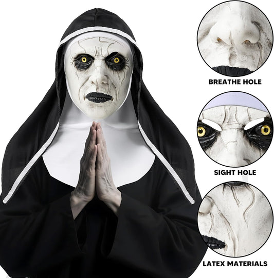 Spooktacular Creations Halloween Scary Nun Mask with Black White Hood, Creepy Full Head Latex Mask for Adult Women Men Halloween Horror Cosplay Costume Accessories, Realistic Party Dress Up Prop - PuriLite