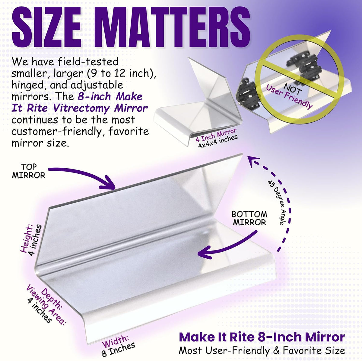 8" Rite Time 2-way Make It Rite Mirror for face down vitrectomy eye sight recovery (8" wide x 4" tall)