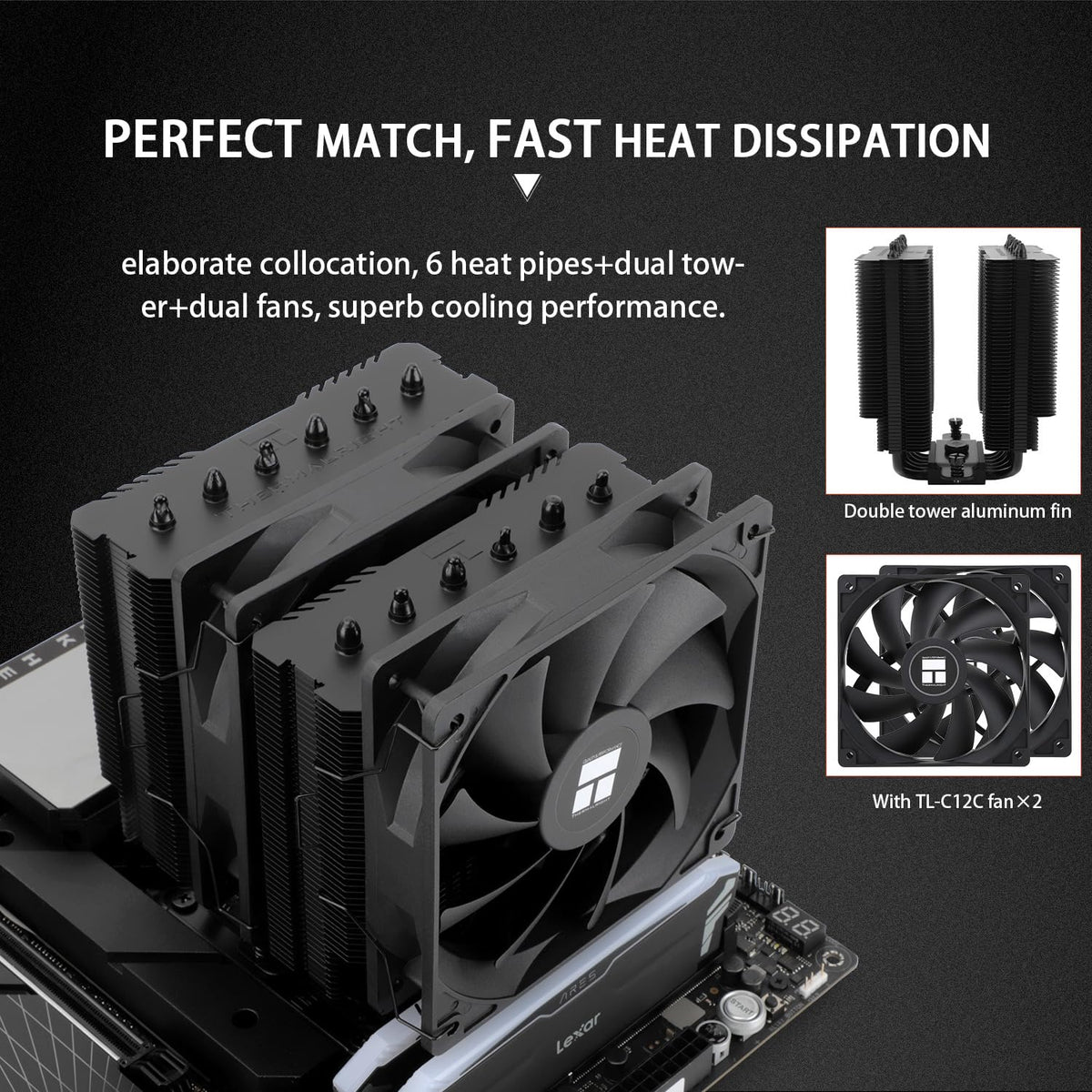Thermalright Peerless Assassin 120 SE Black CPU Cooler, 6 Heat Pipes AGHP Technology, Dual 120mm PWM Fans, 1550RPM Speed, for AM4/AM5 and Intel LGA 1700/1851/115X/1200,Computer CPU Cooling - PuriLite