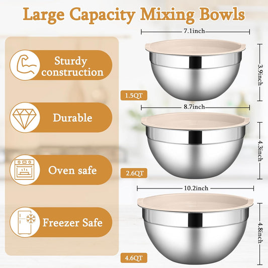 LIANYU Mixing Bowls with Airtight Lids Sets, 3 Packs Stainless Steel Metal Mixing Bowls, Ideal for Prepping, Cooking, Storage, Serving, Freezer & Dishwasher Safe, Khaki - PuriLite