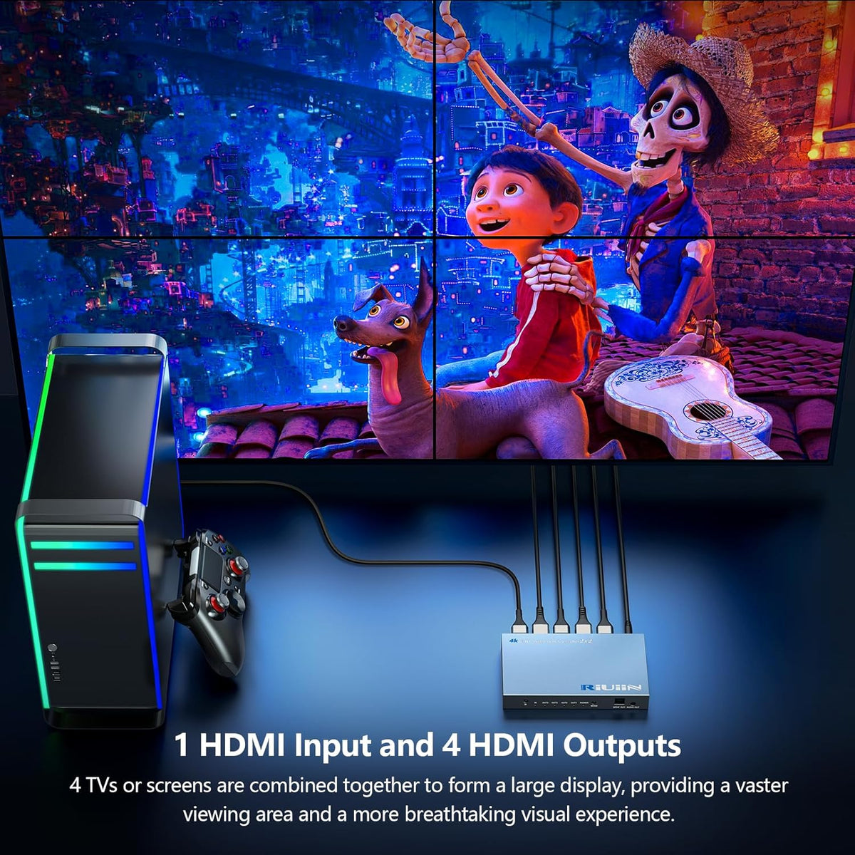 HDMI Video Wall Controller, RIUIIN TV Wall Controller, 4K TV Wall Processor, 180° Rotation, Audio, IR Remote, 2x2,1x2,1x3,1x4,2x1,3x1,4x1, Make 4 tv Screens into Wall Display - PuriLite