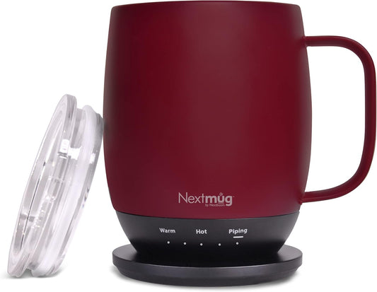 Nextmug - Temperature-Controlled, Self-Heating Coffee Mug (Burgundy - 14 oz.) - PuriLite